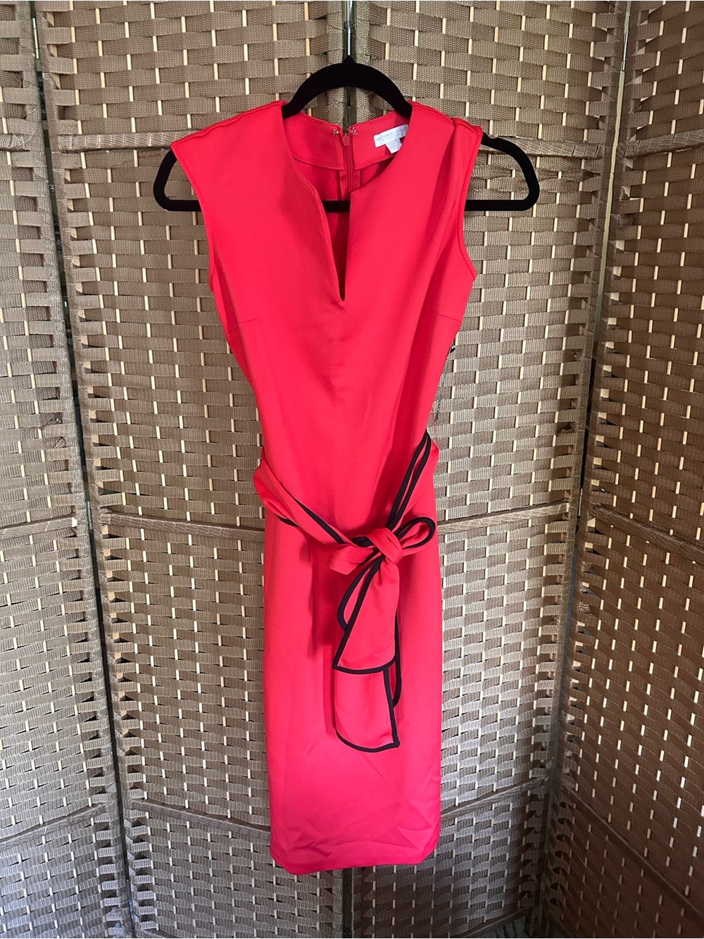 New York & Company Coral-Red Sheath Dress with Black-Trim Belt